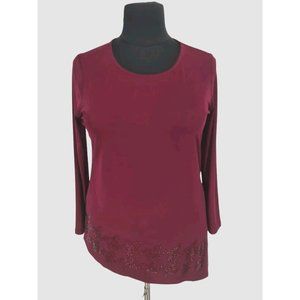 SUSAN GRAVER Womens Asymmetric Hem Tunic Top Size L Burgundy Jersey Long SLV 74P
